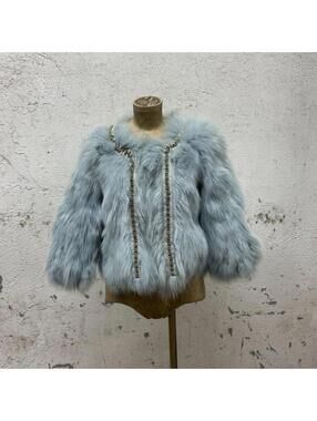 Vintage Y2K Beaded Ice-Blue Fox Fur Cropped Jacket